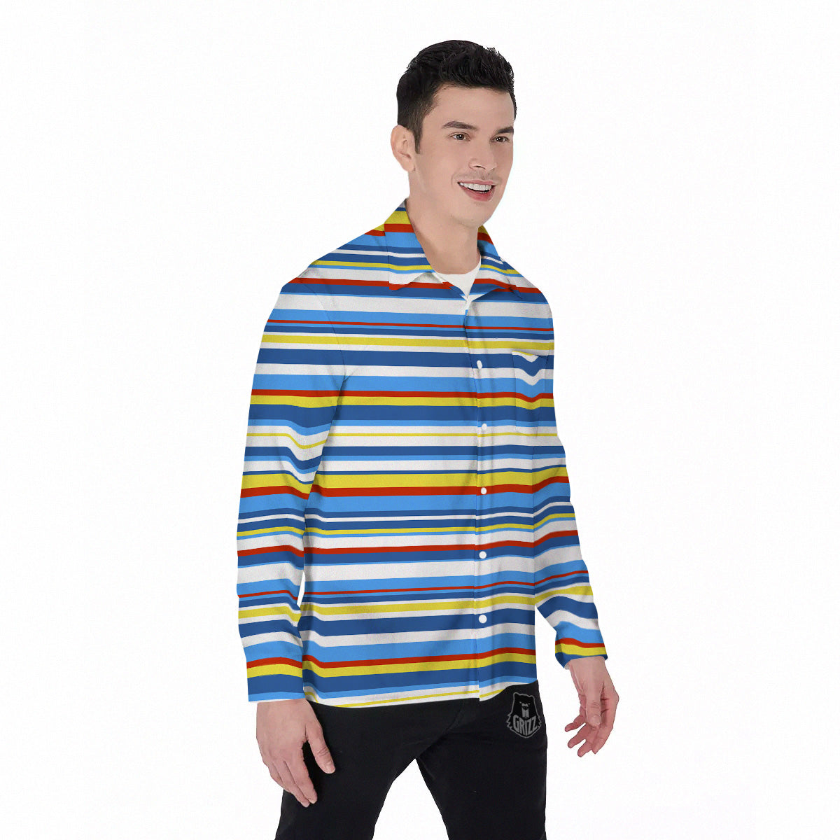 Stripe Autism Awareness Color Print Pattern Men's Long Sleeve Shirts-grizzshop