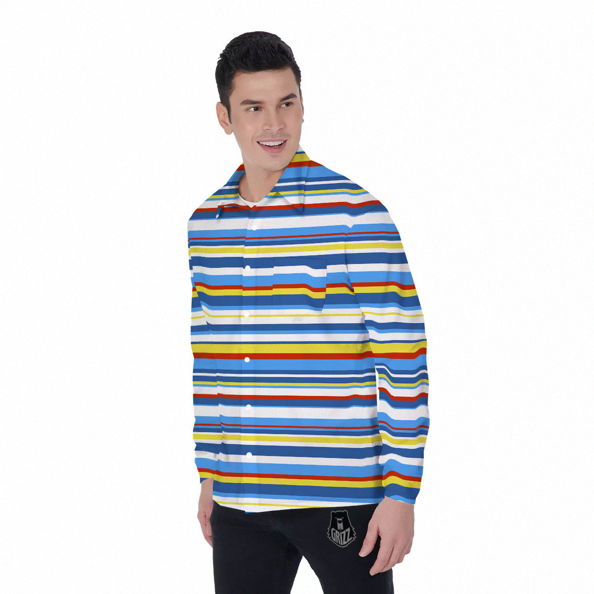 Stripe Autism Awareness Color Print Pattern Men's Long Sleeve Shirts-grizzshop