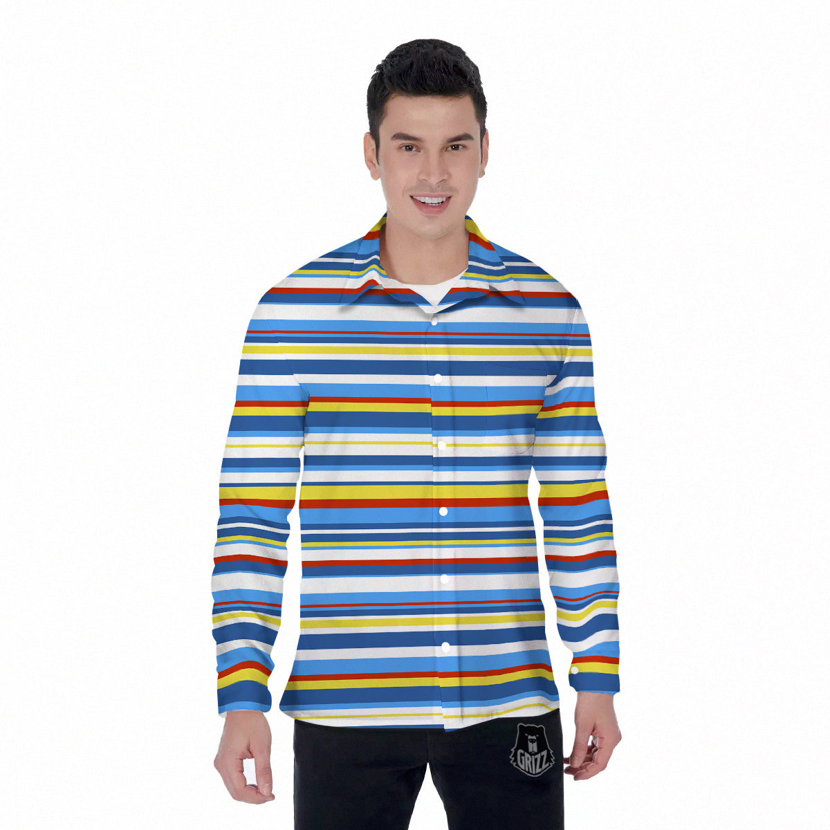 Stripe Autism Awareness Color Print Pattern Men's Long Sleeve Shirts-grizzshop
