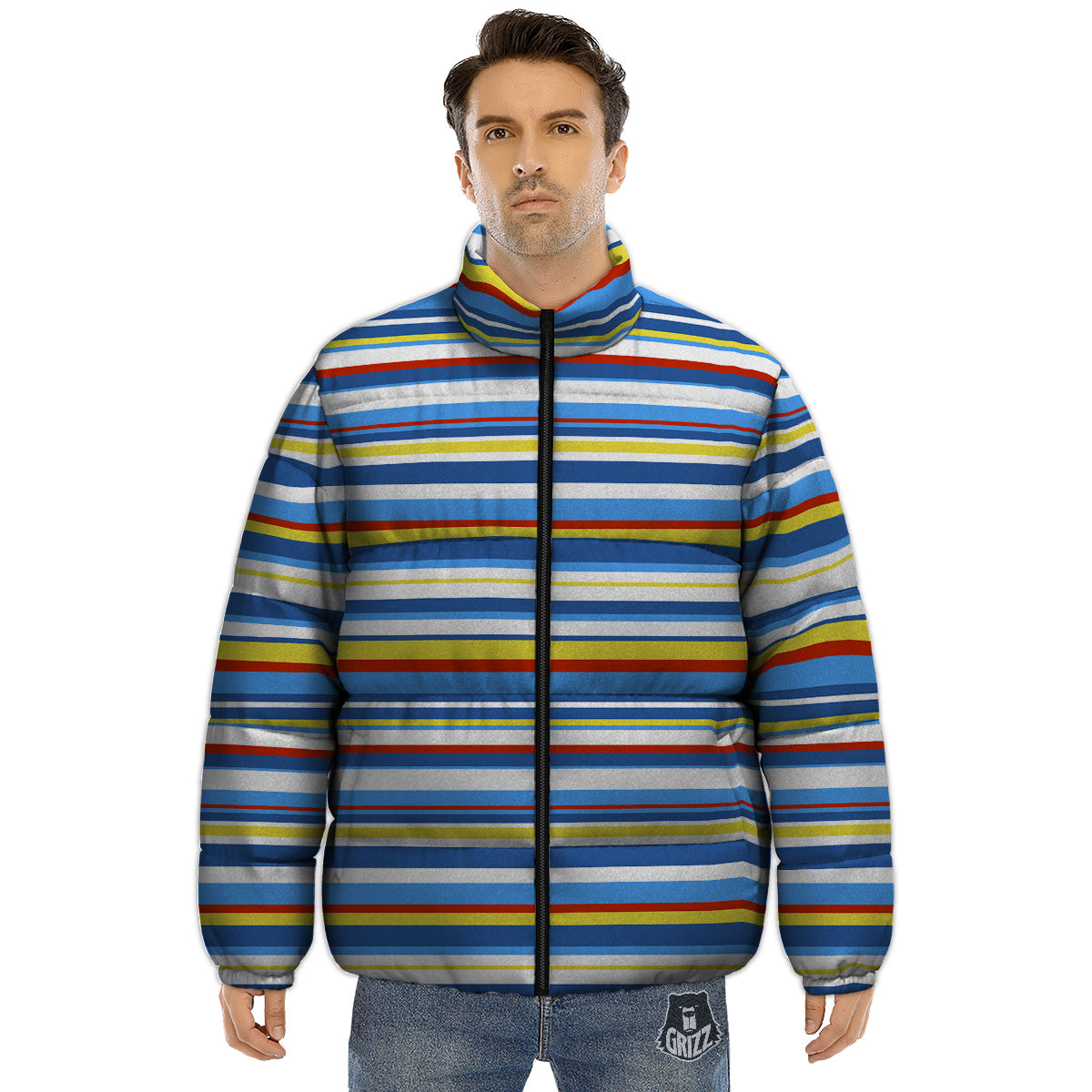 Stripe Autism Awareness Color Print Pattern Puffer Jacket-grizzshop