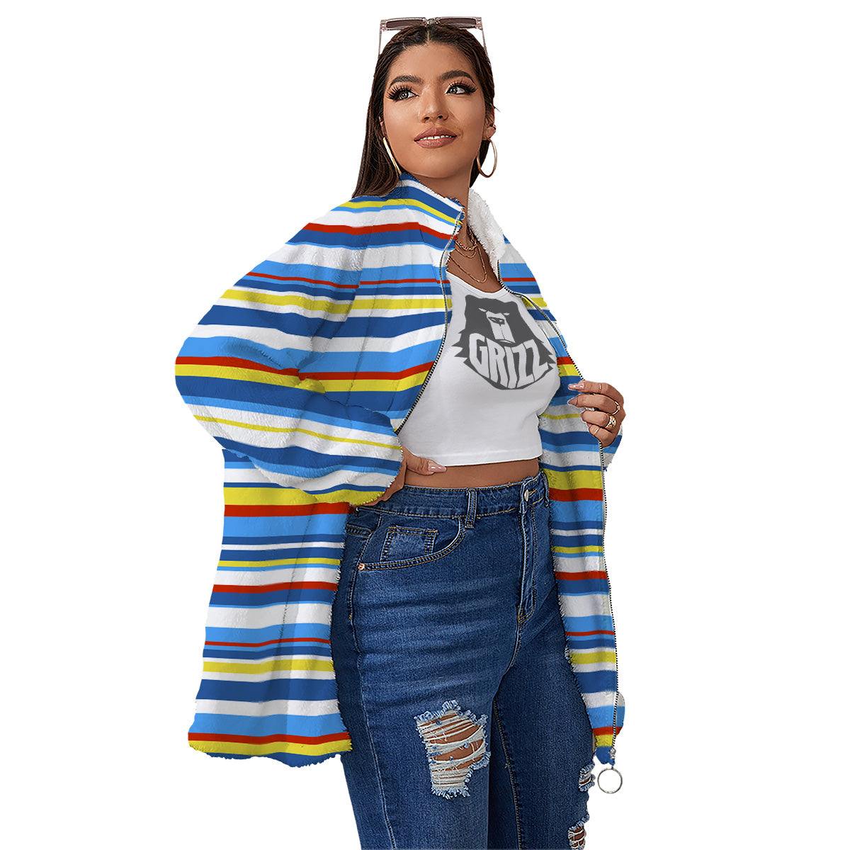 Stripe Autism Awareness Color Print Pattern Women's Sherpa Jacket-grizzshop