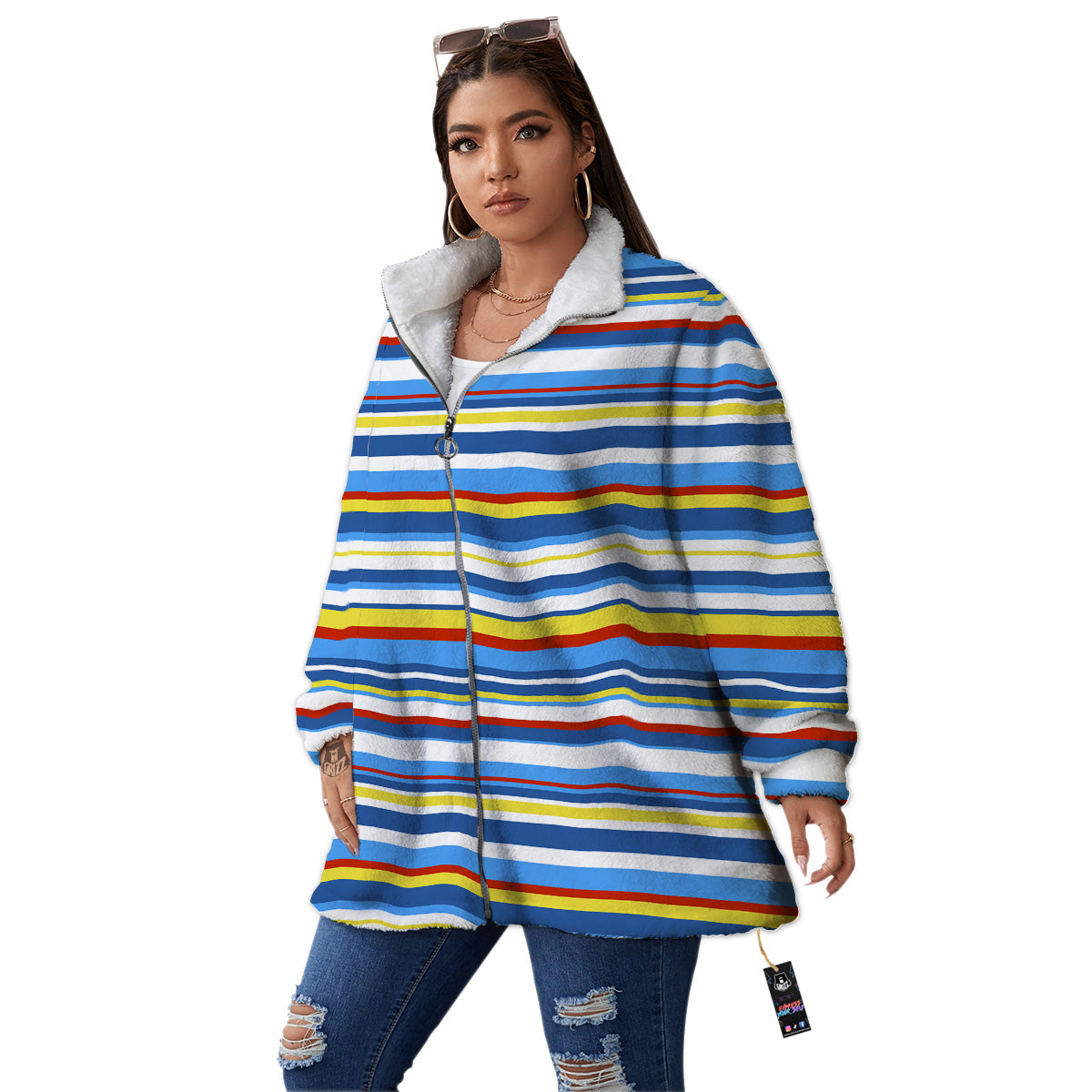 Stripe Autism Awareness Color Print Pattern Women's Sherpa Jacket-grizzshop