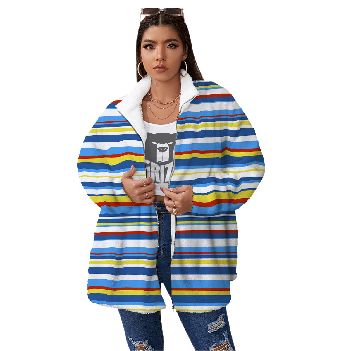 Stripe Autism Awareness Color Print Pattern Women's Sherpa Jacket-grizzshop