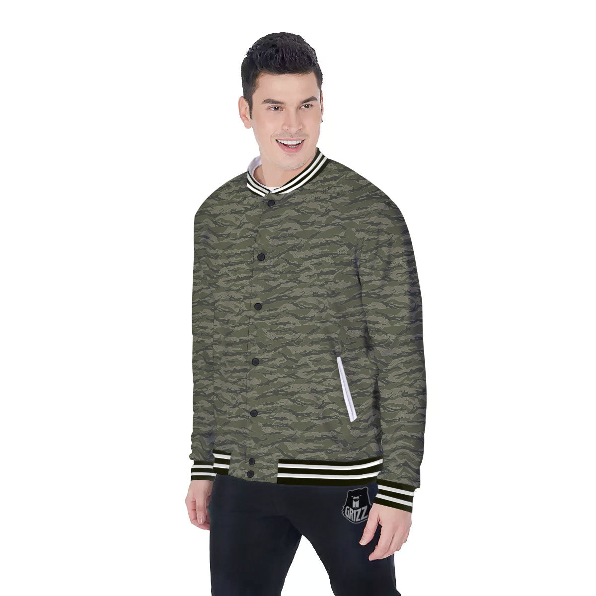 Stripe Camo Green Tiger Print Pattern Baseball Jacket-grizzshop