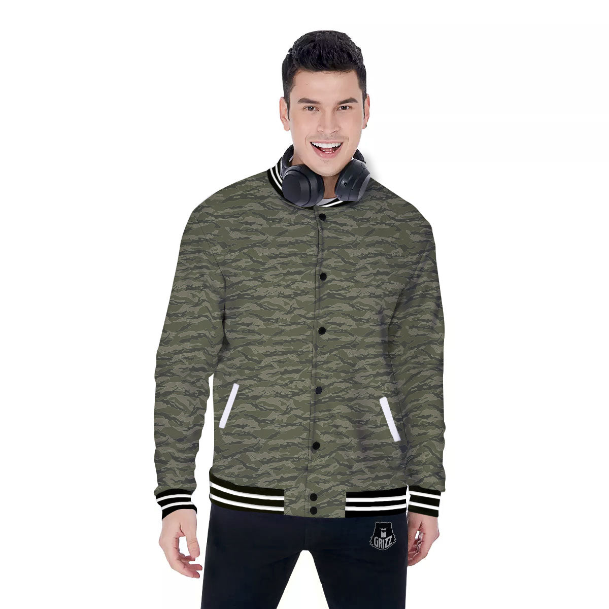 Stripe Camo Green Tiger Print Pattern Baseball Jacket-grizzshop