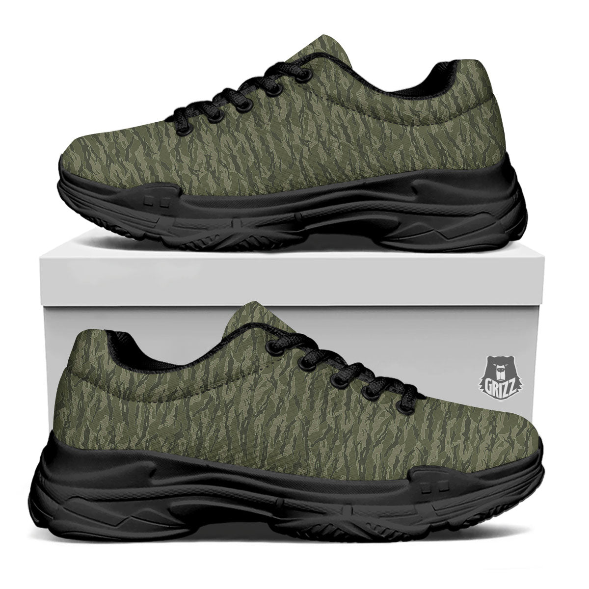 Stripe Camo Green Tiger Print Pattern Black Chunky Shoes-grizzshop