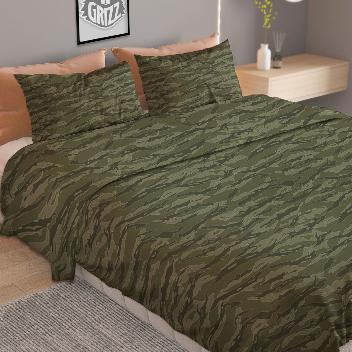 Stripe Camo Green Tiger Print Pattern Duvet Cover Bedding Set