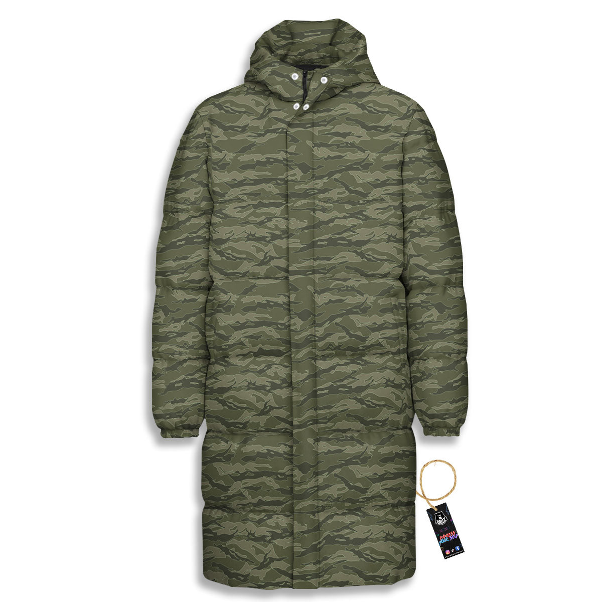 Stripe Camo Green Tiger Print Pattern Long Down Jacket-grizzshop
