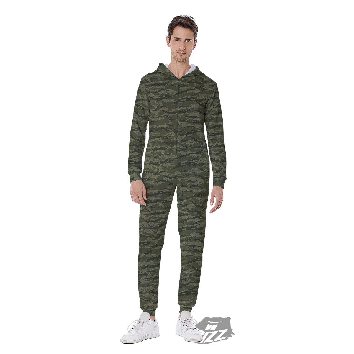 Stripe Camo Green Tiger Print Pattern Men's Jumpsuit-grizzshop