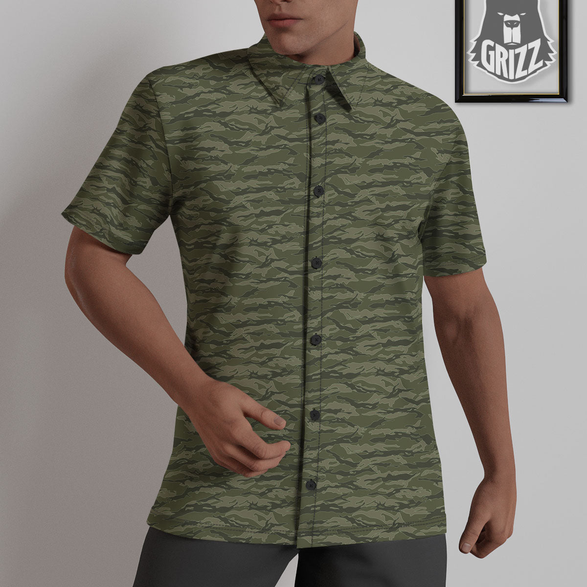 Stripe Camo Green Tiger Print Pattern Untucked Shirts-grizzshop
