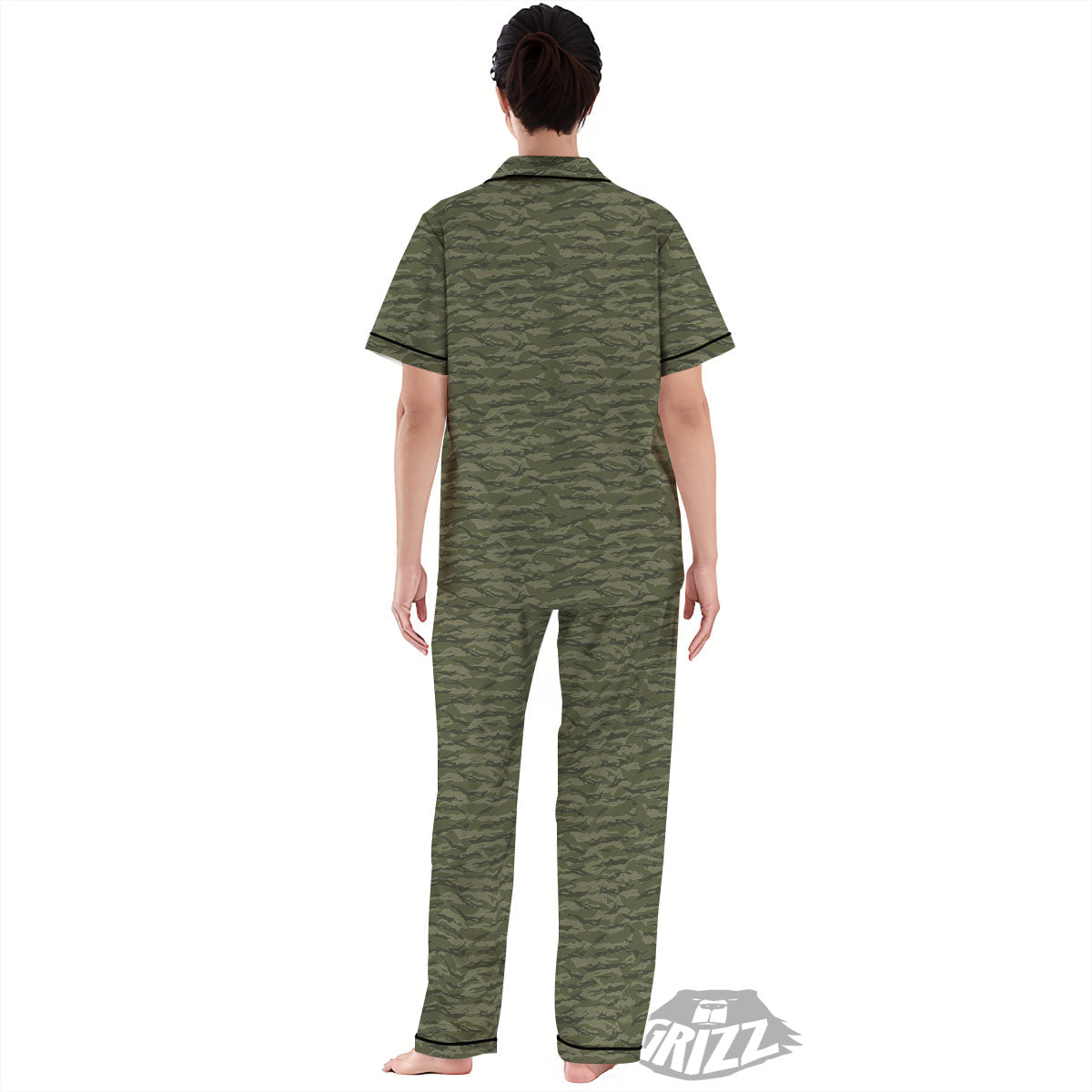 Stripe Camo Green Tiger Print Pattern Women's Pajamas Set-grizzshop