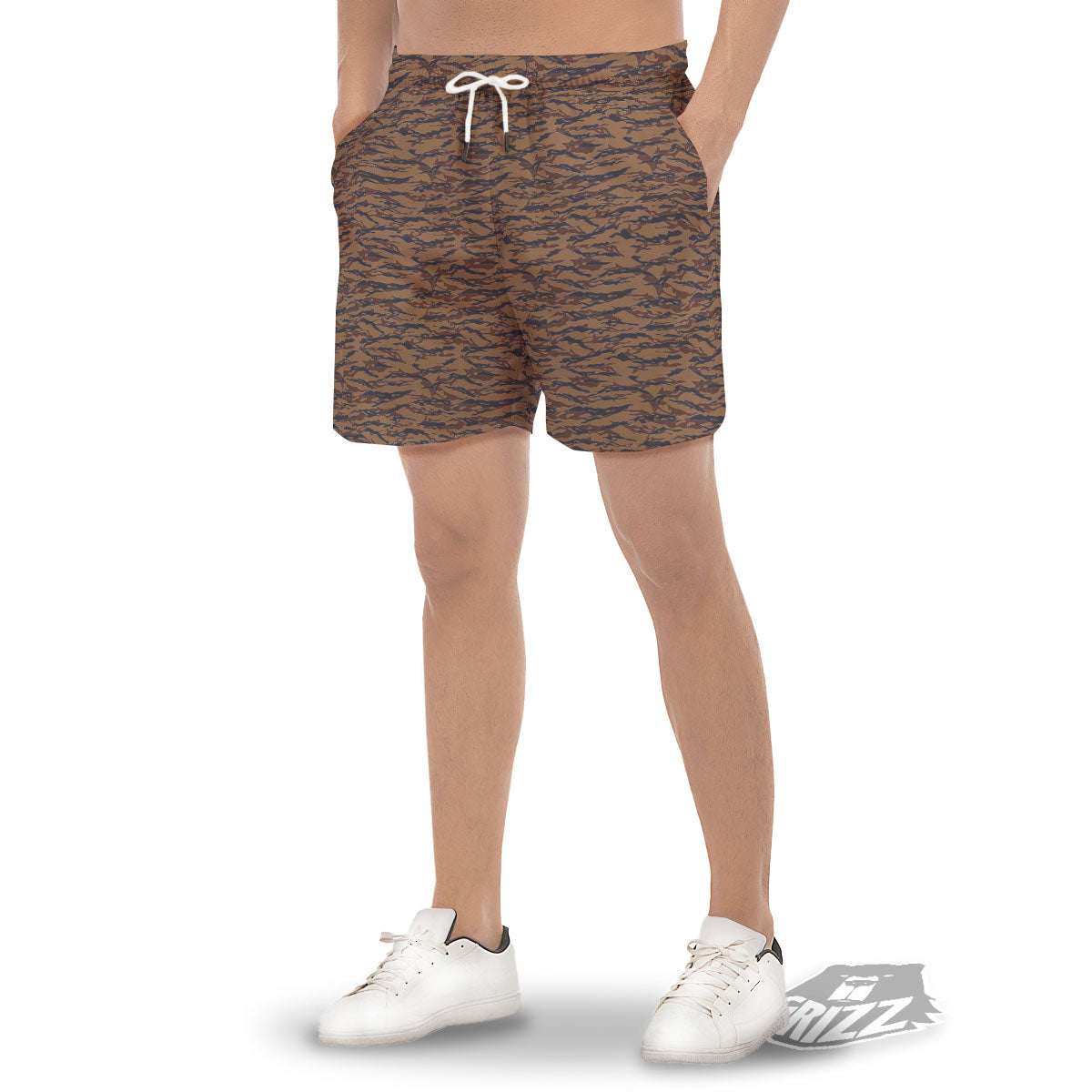 Stripe Camouflage Desert Tiger Print Men's Gym Shorts-grizzshop