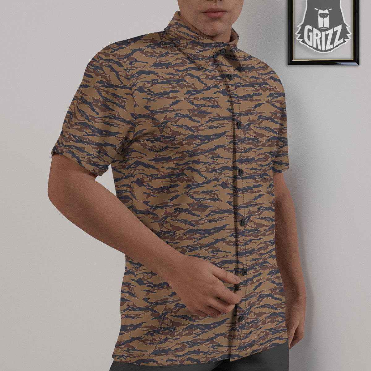 Stripe Camouflage Desert Tiger Print Untucked Shirts-grizzshop