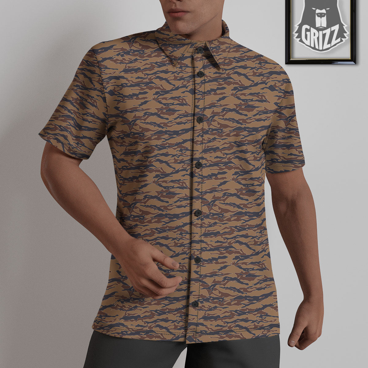 Stripe Camouflage Desert Tiger Print Untucked Shirts-grizzshop