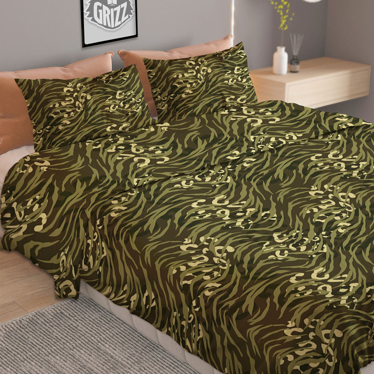 Stripe Camouflage Green Tiger Print Duvet Cover Bedding Set