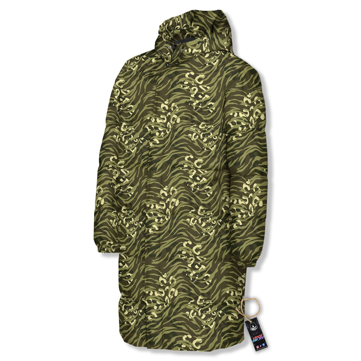 Stripe Camouflage Green Tiger Print Long Down Jacket-grizzshop