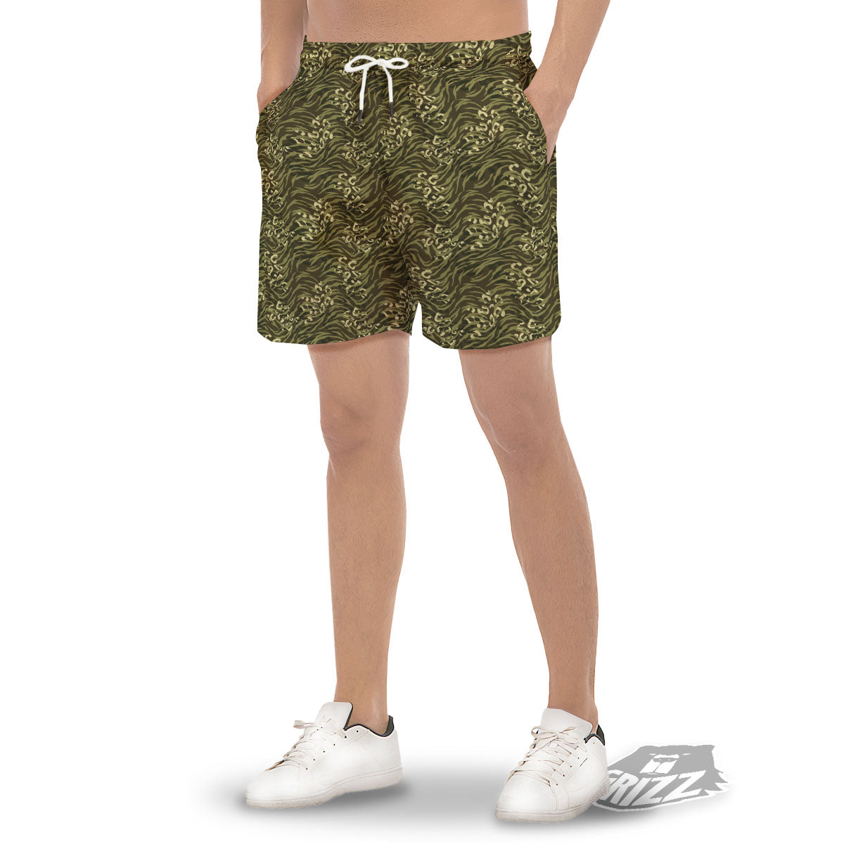 Stripe Camouflage Green Tiger Print Men's Gym Shorts-grizzshop