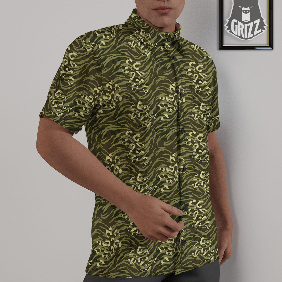 Stripe Camouflage Green Tiger Print Untucked Shirts-grizzshop
