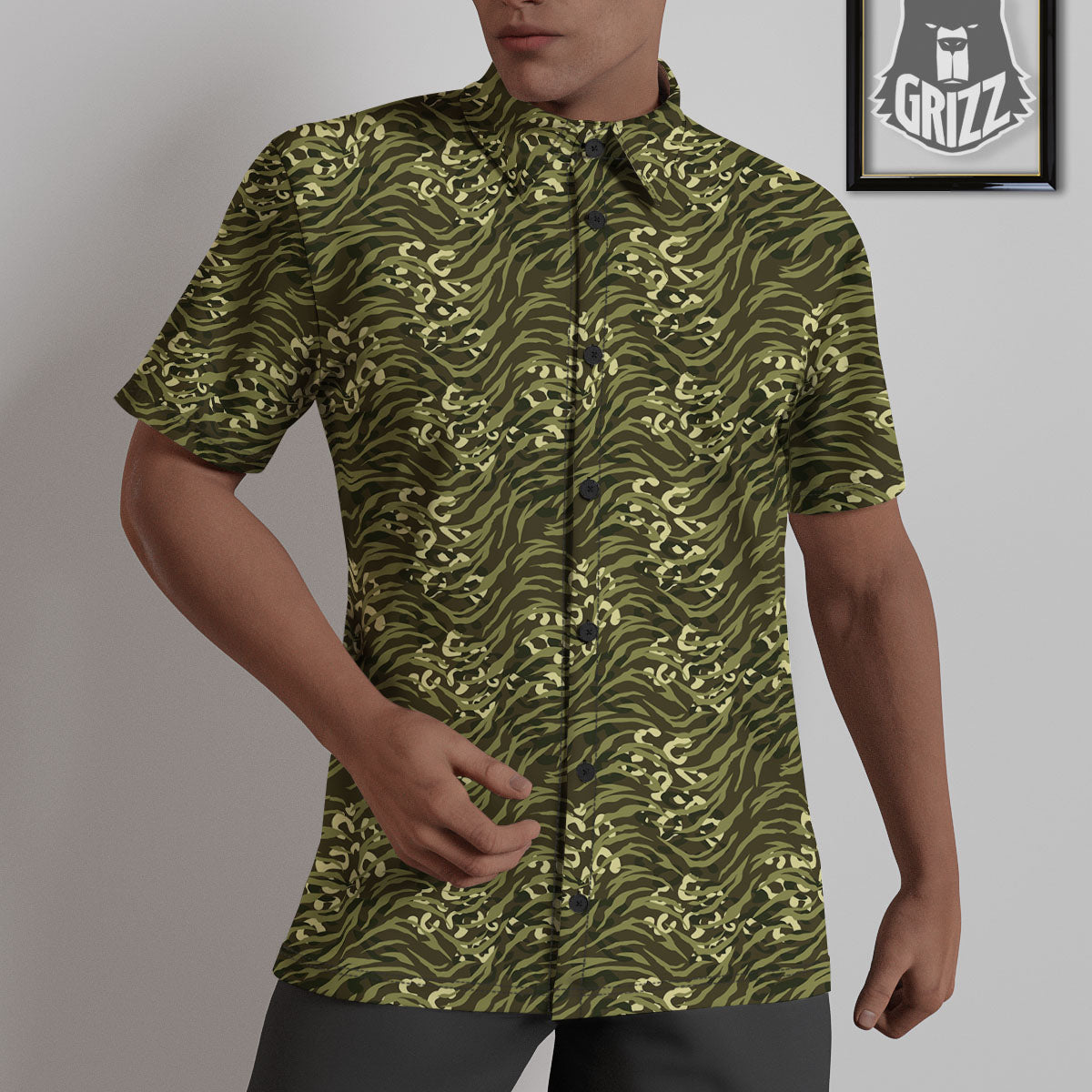 Stripe Camouflage Green Tiger Print Untucked Shirts-grizzshop