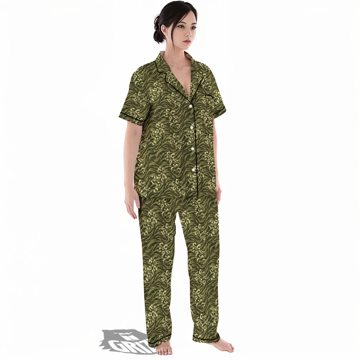 Stripe Camouflage Green Tiger Print Women's Pajamas Set-grizzshop