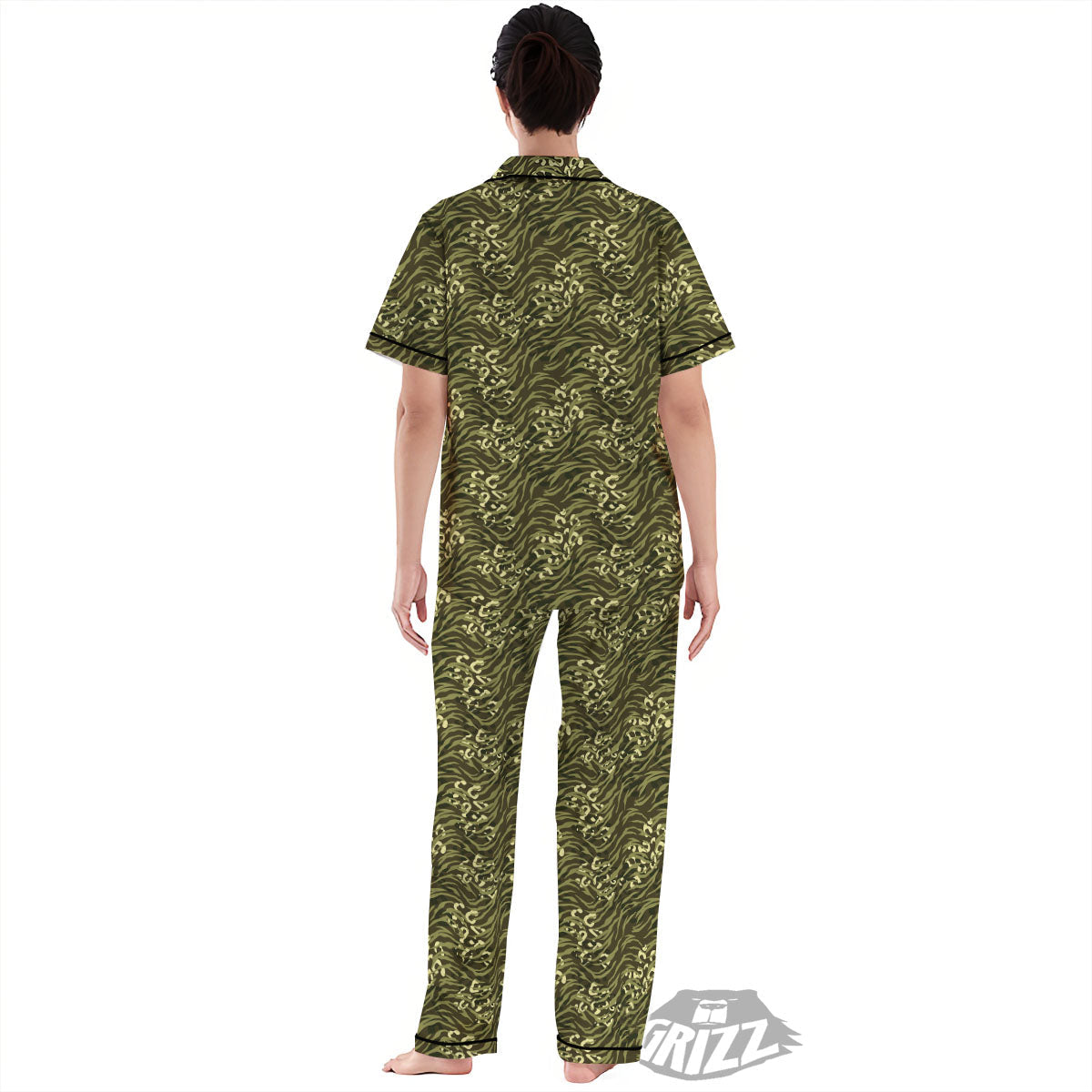 Stripe Camouflage Green Tiger Print Women's Pajamas Set-grizzshop