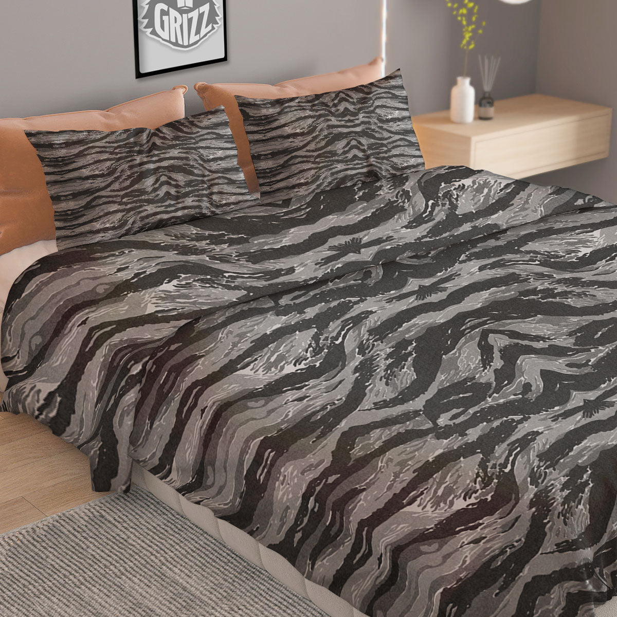 Stripe Camouflage Grey Tiger Print Duvet Cover Bedding Set