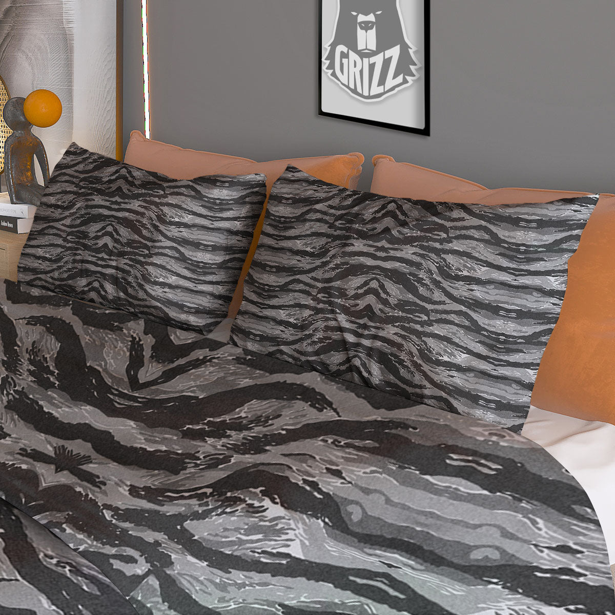 Stripe Camouflage Grey Tiger Print Duvet Cover Bedding Set
