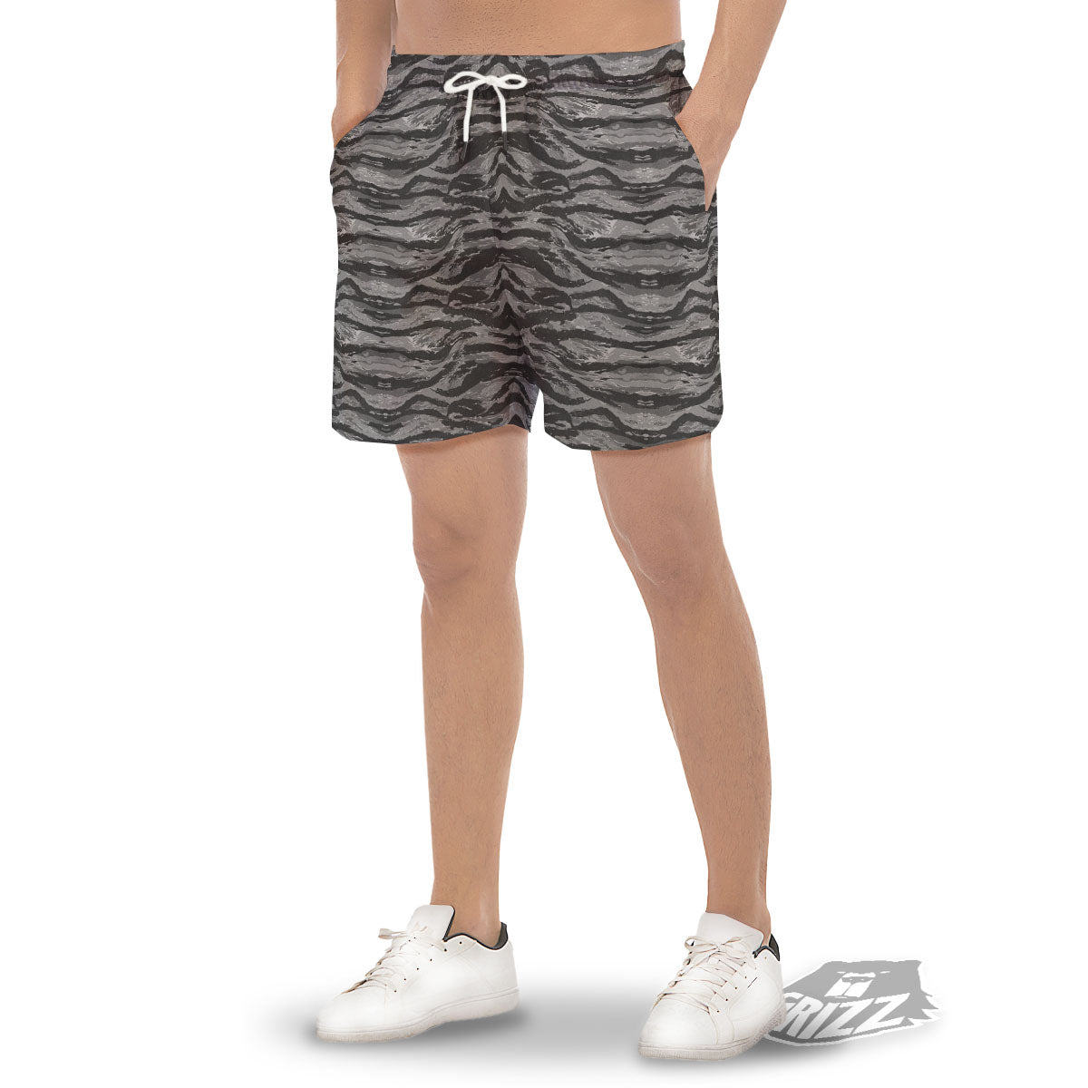 Stripe Camouflage Grey Tiger Print Men's Gym Shorts-grizzshop