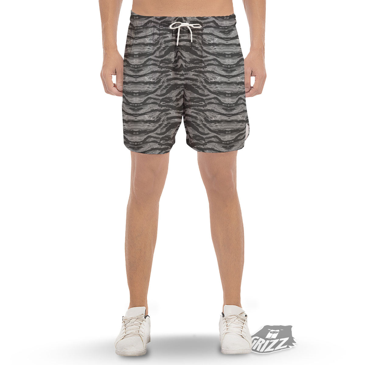 Stripe Camouflage Grey Tiger Print Men's Gym Shorts-grizzshop