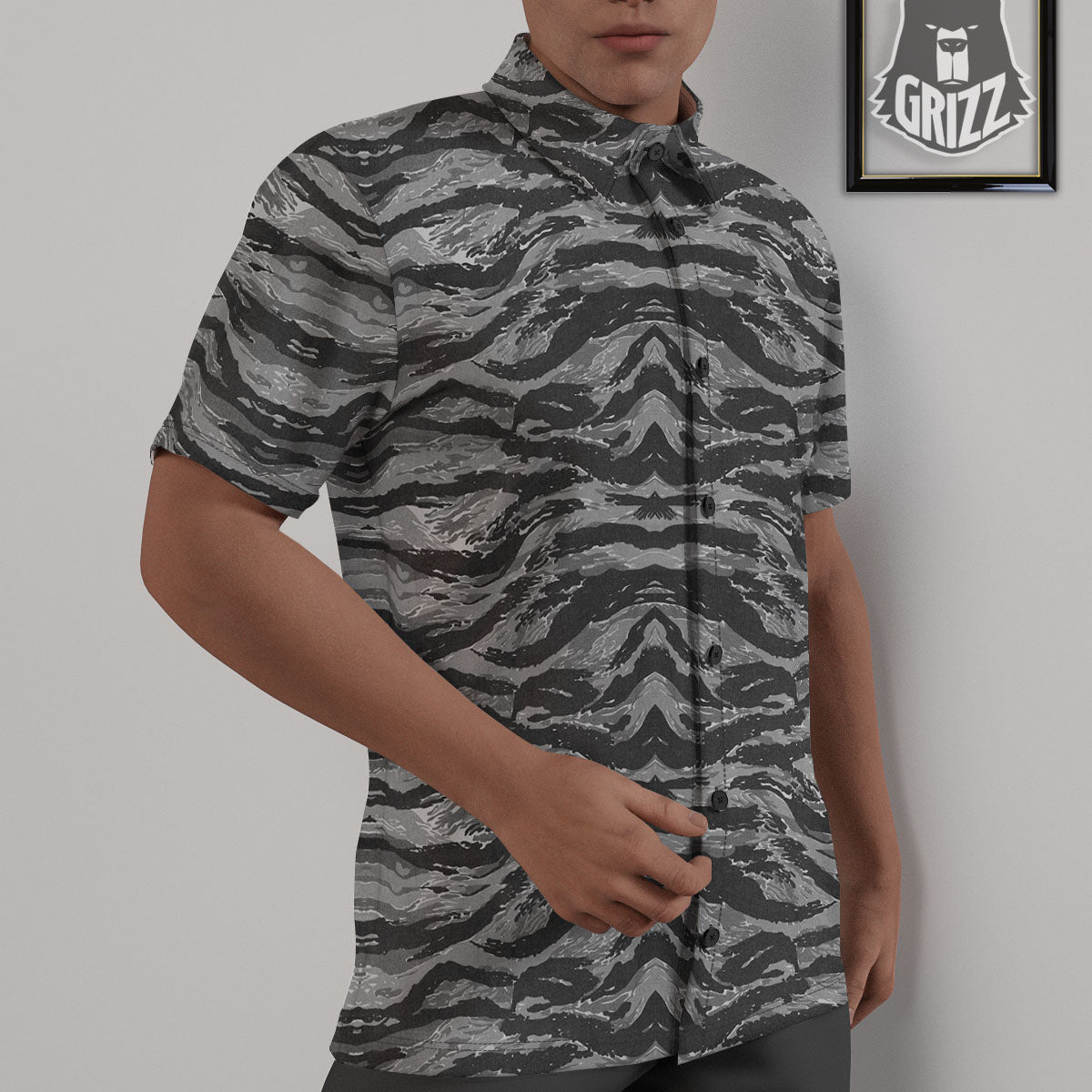 Stripe Camouflage Grey Tiger Print Untucked Shirts-grizzshop