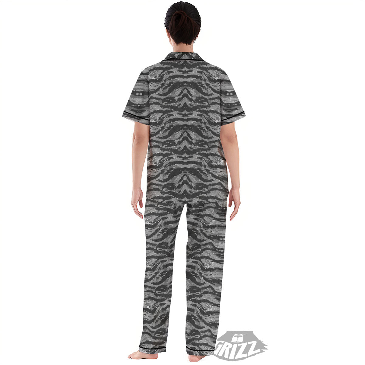 Stripe Camouflage Grey Tiger Print Women's Pajamas Set-grizzshop