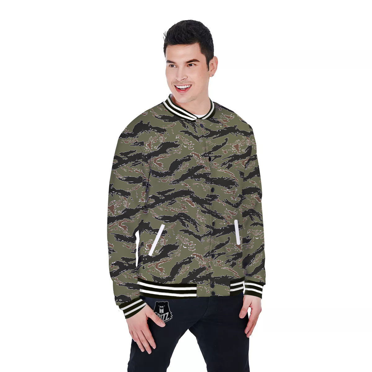 Stripe Camouflage Military Tiger Print Baseball Jacket-grizzshop