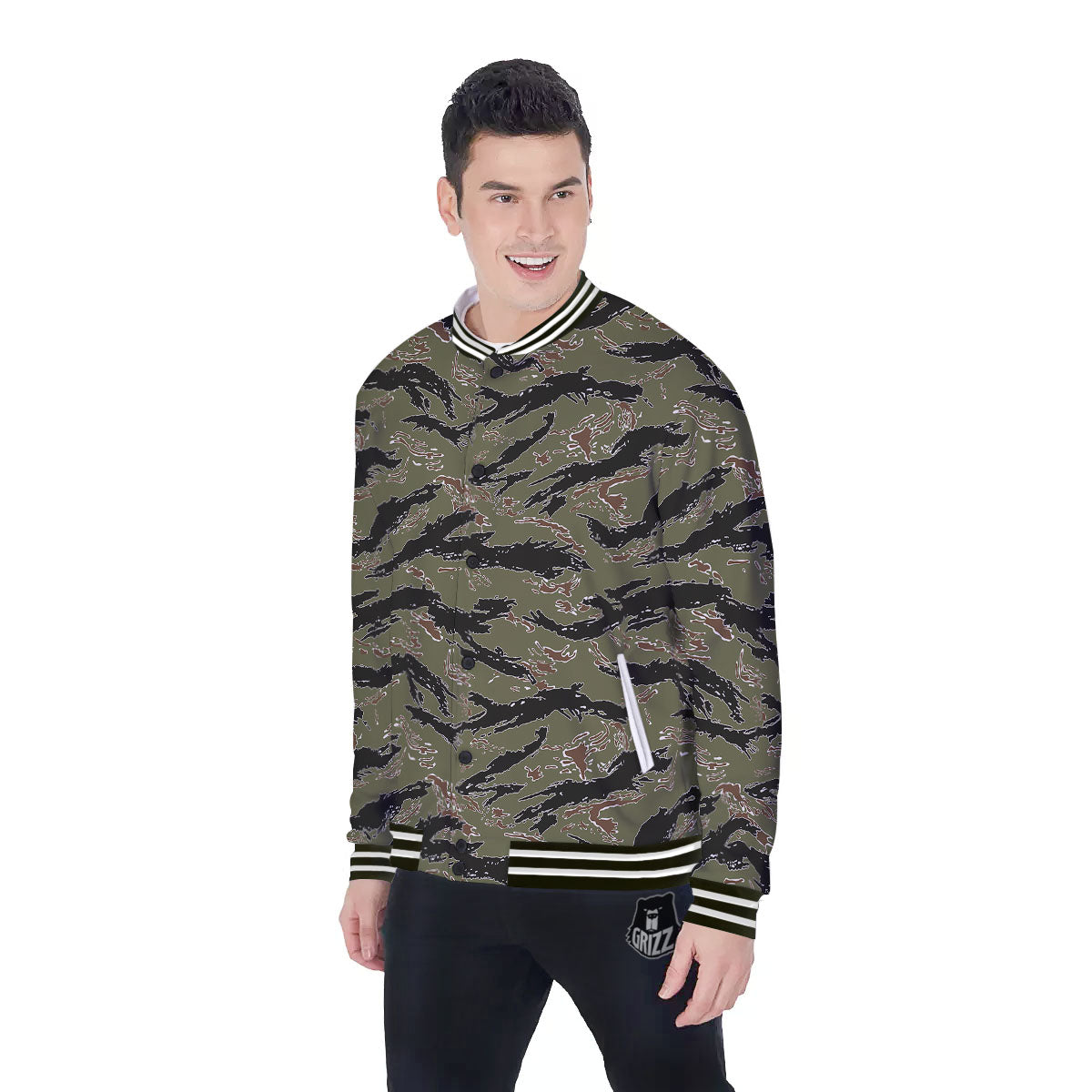 Stripe Camouflage Military Tiger Print Baseball Jacket-grizzshop
