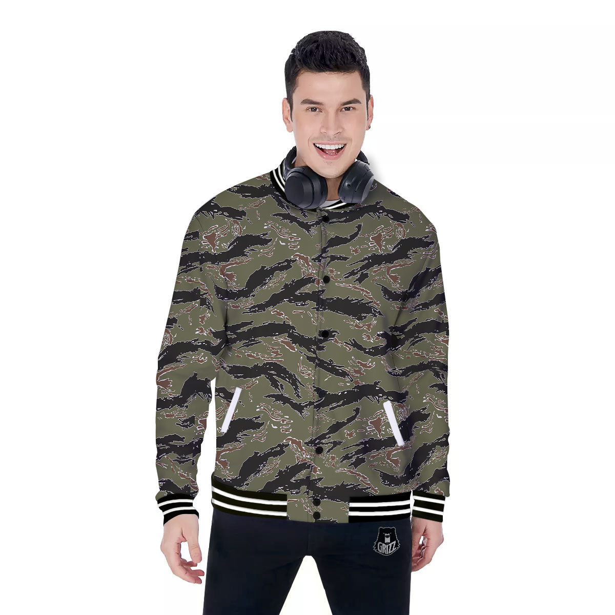 Stripe Camouflage Military Tiger Print Baseball Jacket-grizzshop