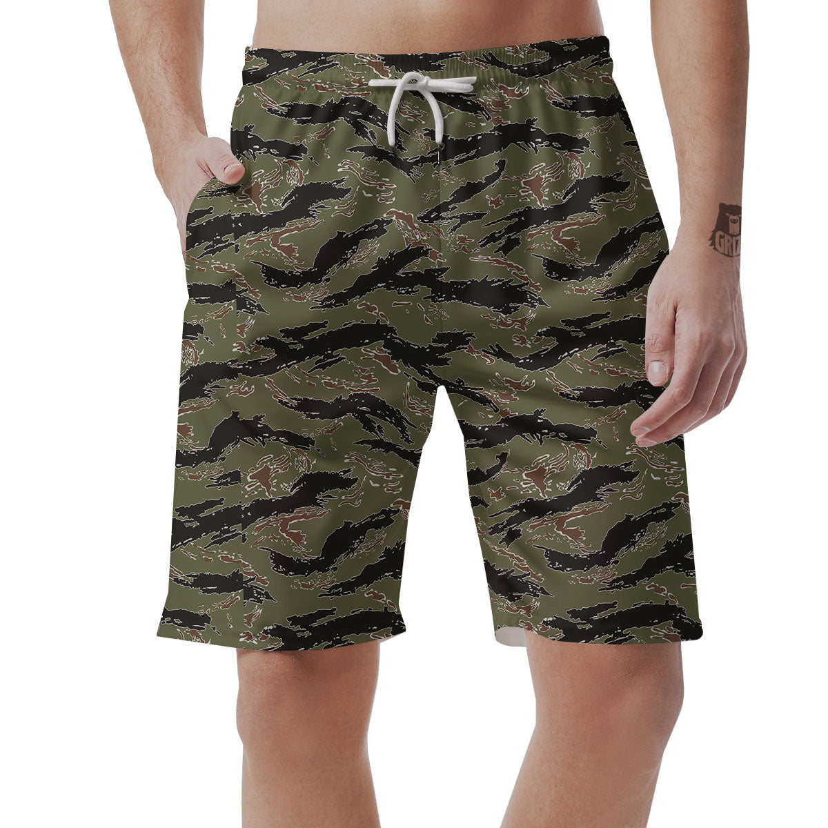 Stripe Camouflage Military Tiger Print Men's Shorts-grizzshop