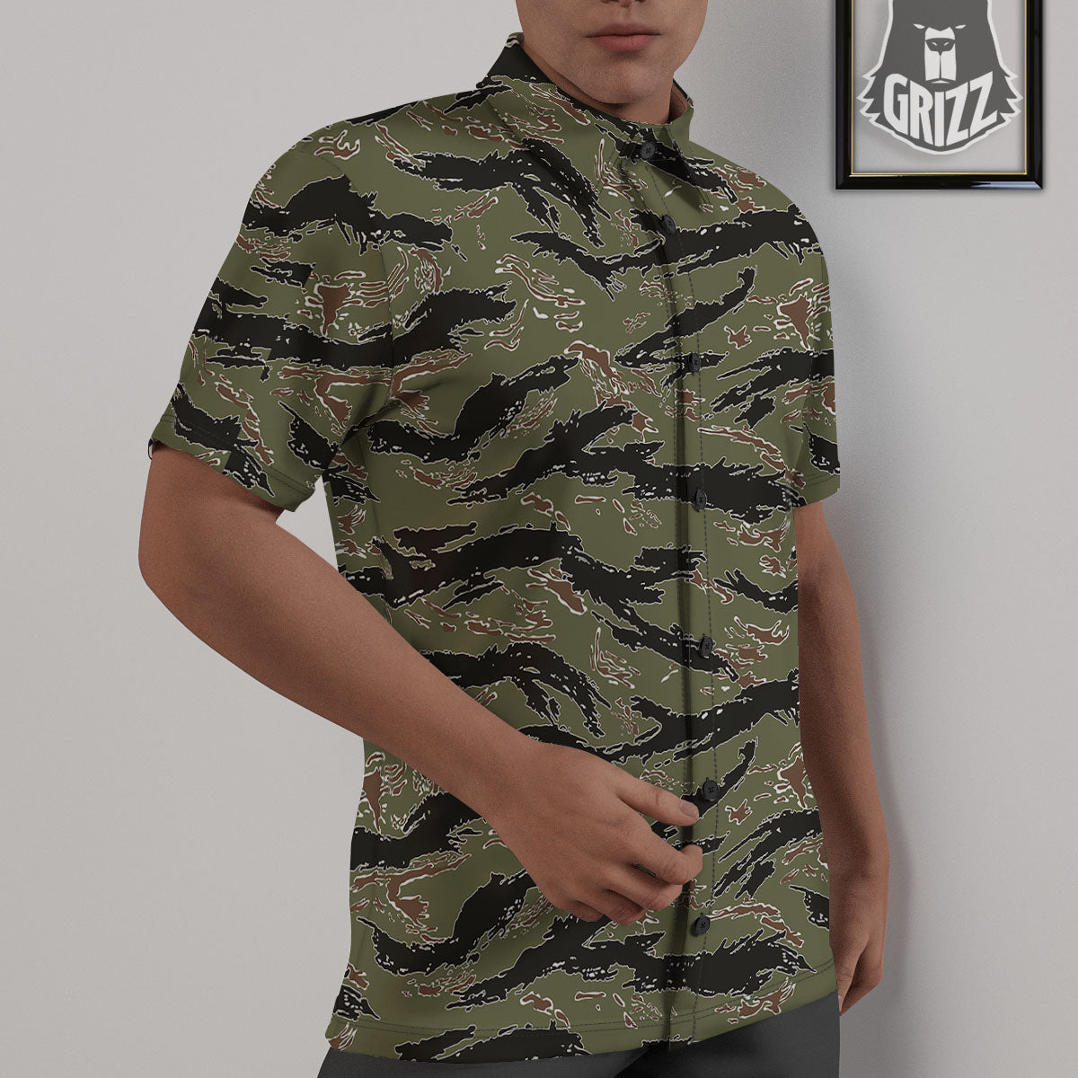 Stripe Camouflage Military Tiger Print Untucked Shirts-grizzshop