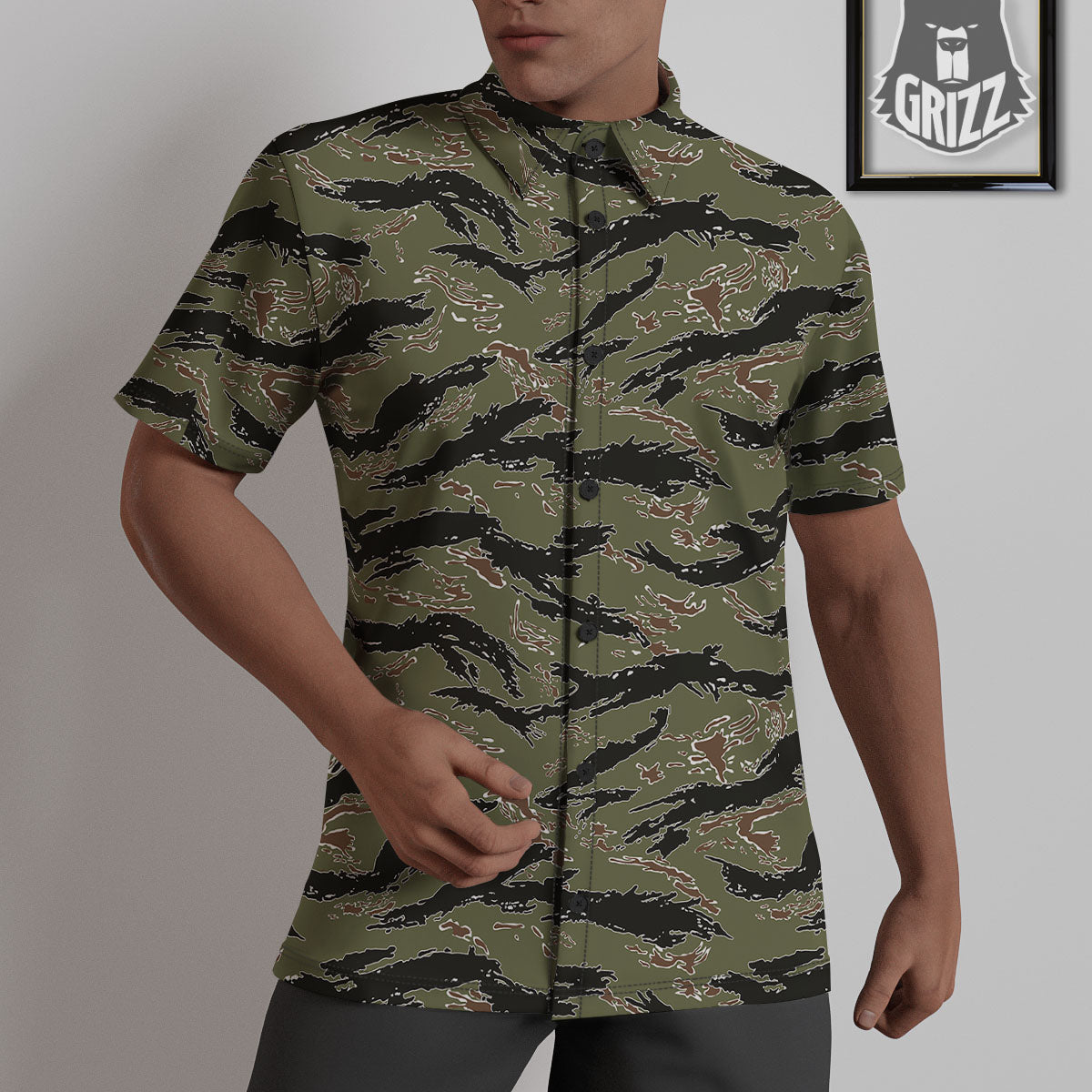 Stripe Camouflage Military Tiger Print Untucked Shirts-grizzshop
