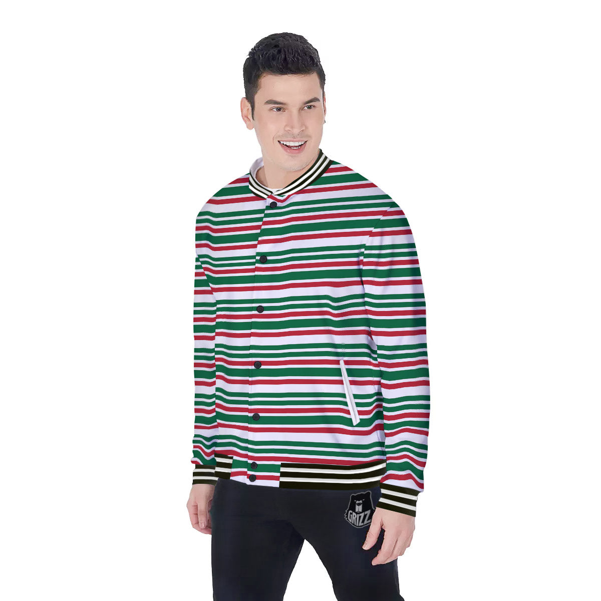 Stripe Candy Cane Print Pattern Baseball Jacket-grizzshop