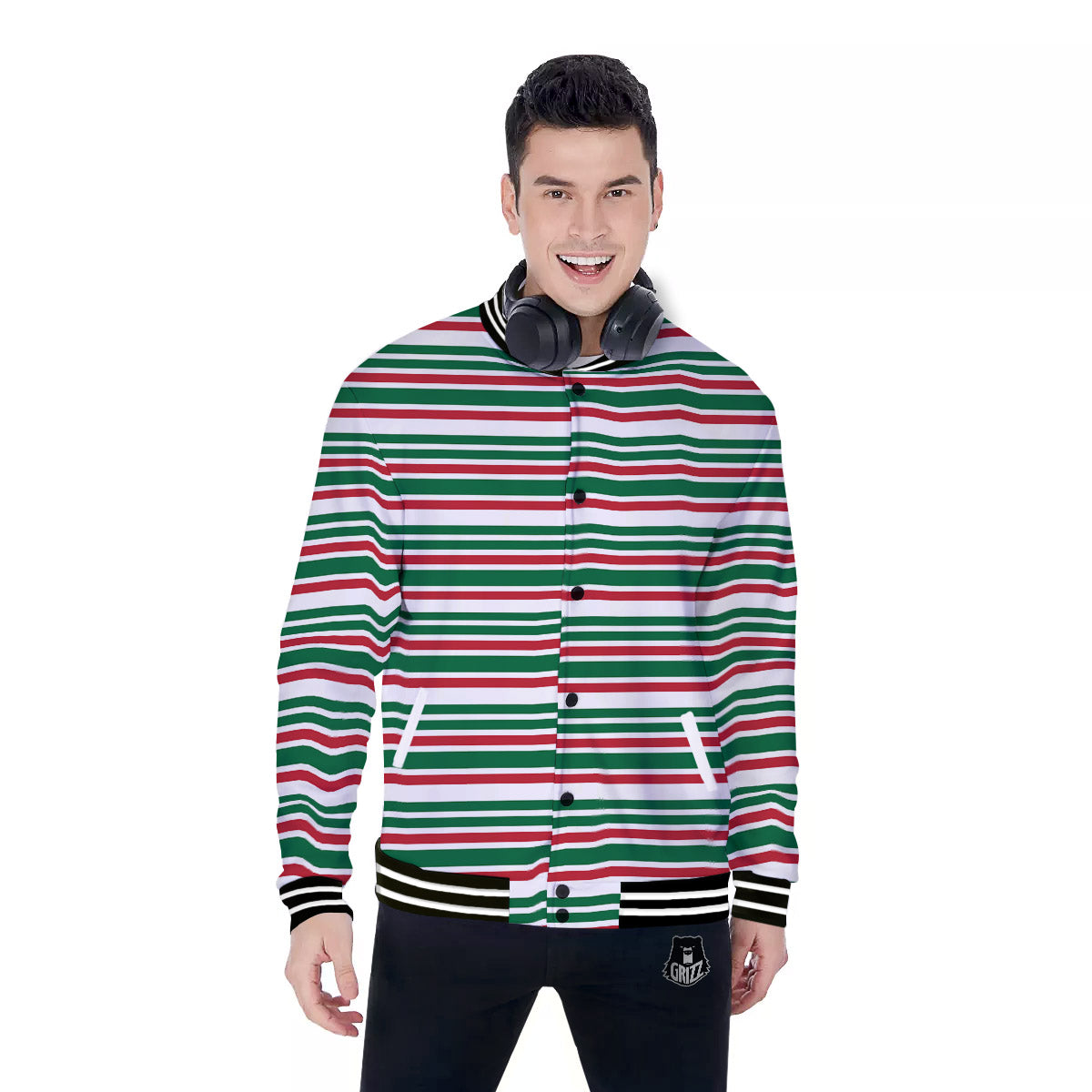 Stripe Candy Cane Print Pattern Baseball Jacket-grizzshop
