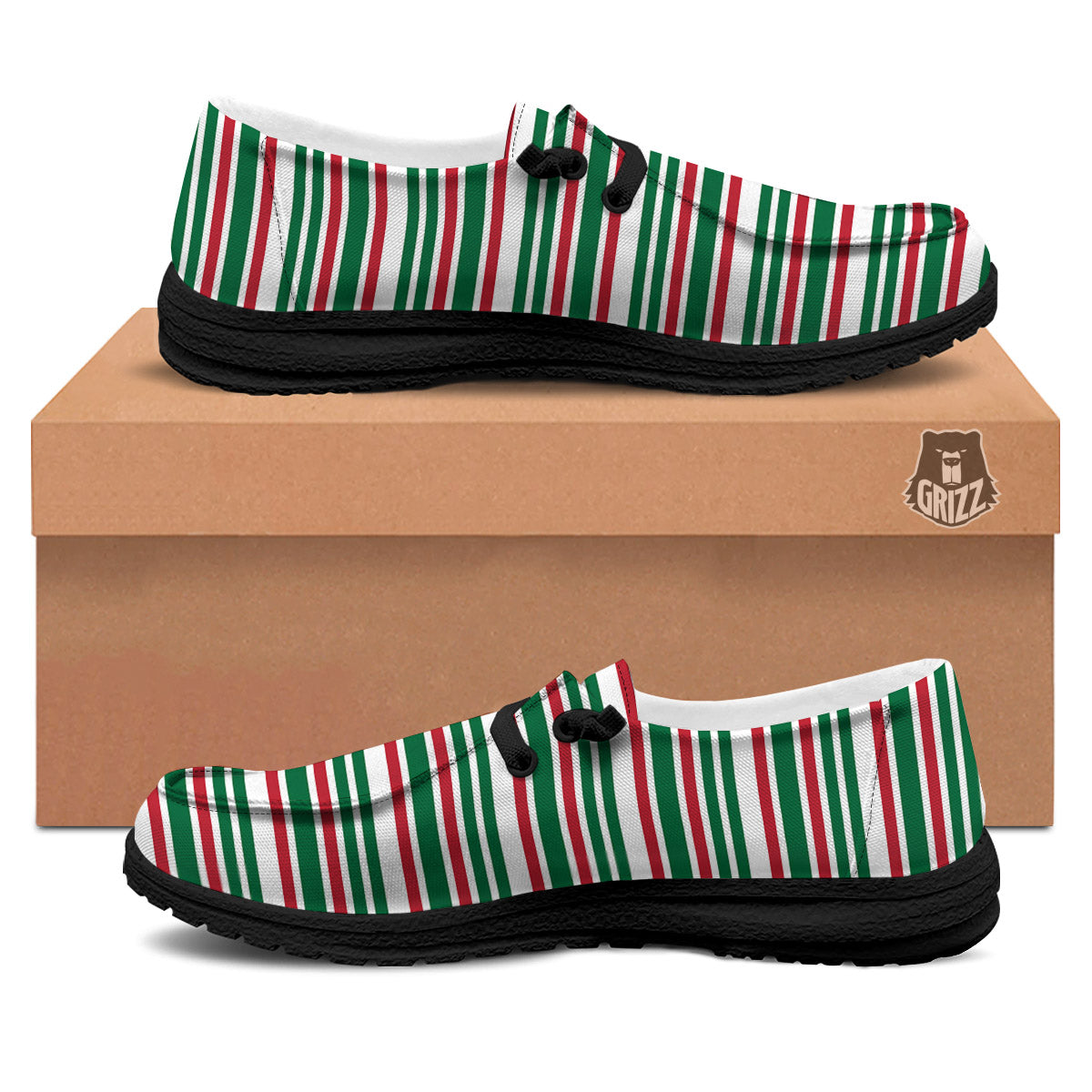 Stripe Candy Cane Print Pattern Black Loafers-grizzshop