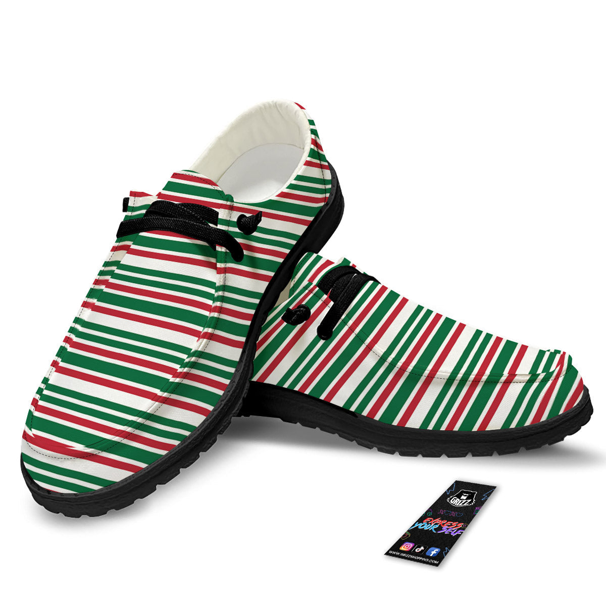 Stripe Candy Cane Print Pattern Black Loafers-grizzshop