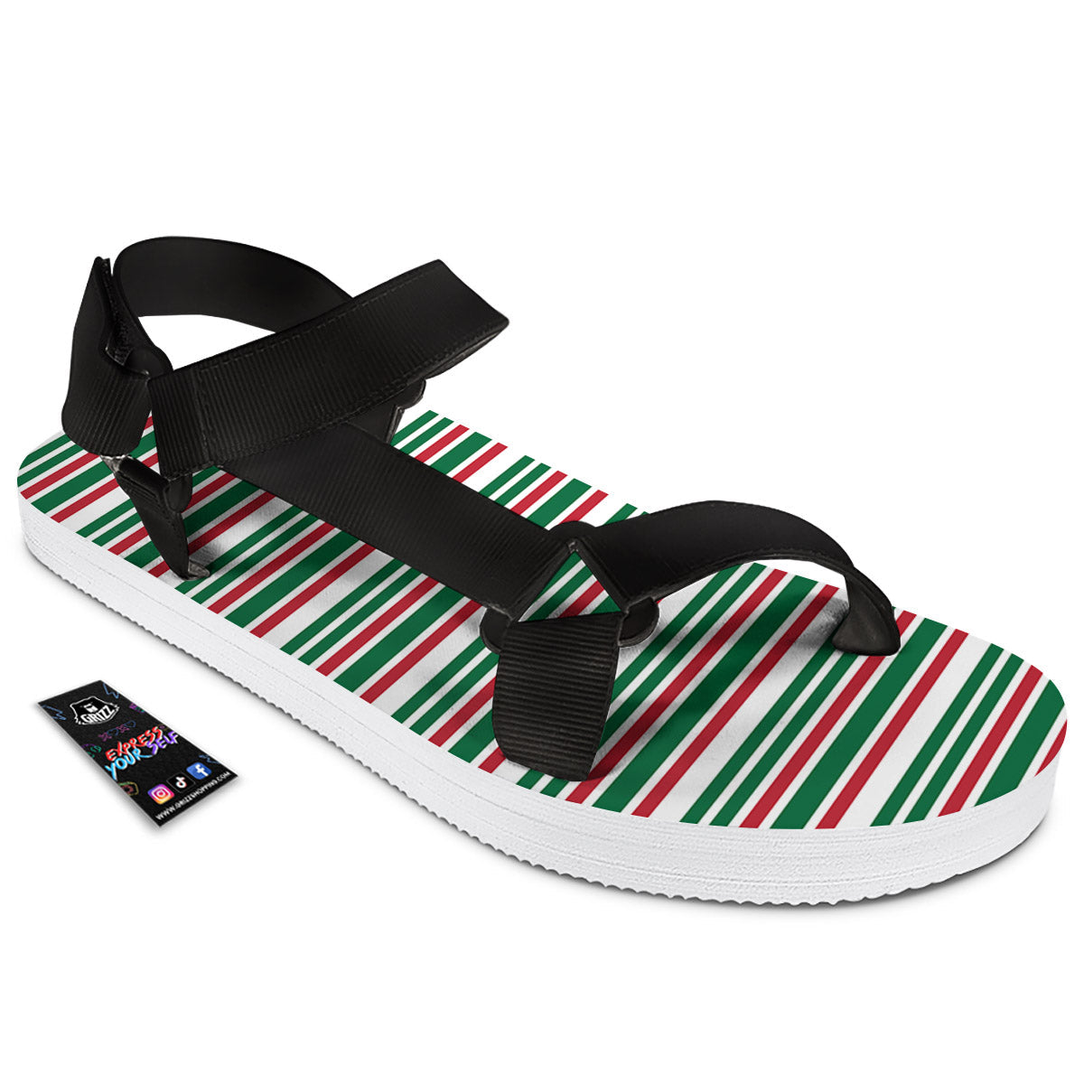 Stripe Candy Cane Print Pattern Black Open Toe Sandals-grizzshop