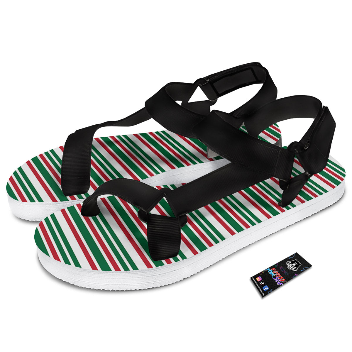 Stripe Candy Cane Print Pattern Black Open Toe Sandals-grizzshop