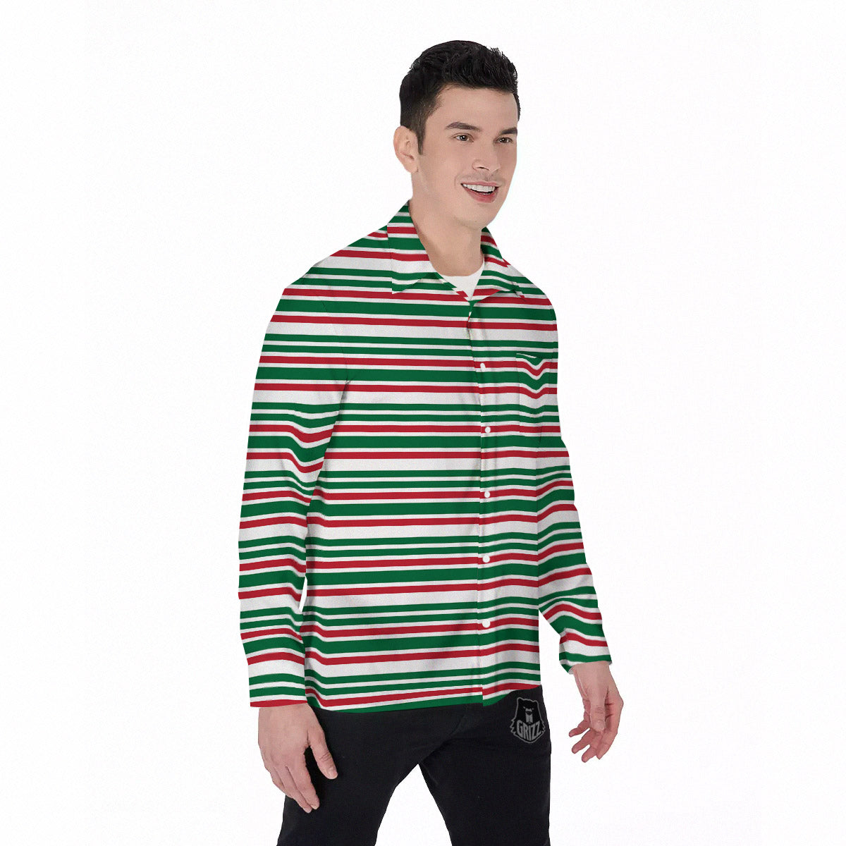 Stripe Candy Cane Print Pattern Men's Long Sleeve Shirts-grizzshop