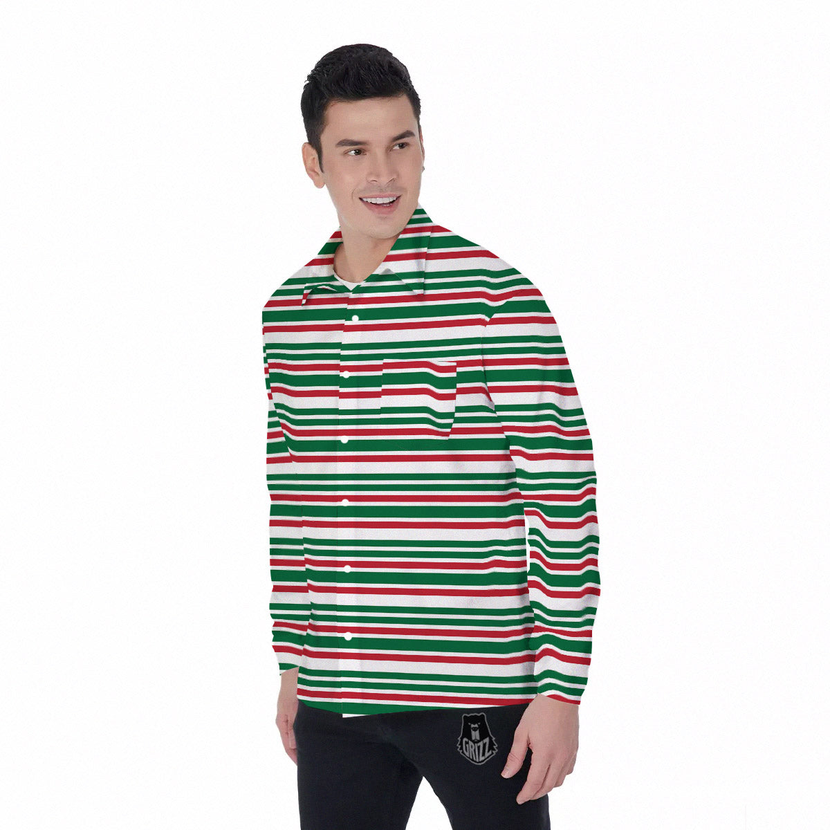 Stripe Candy Cane Print Pattern Men's Long Sleeve Shirts-grizzshop
