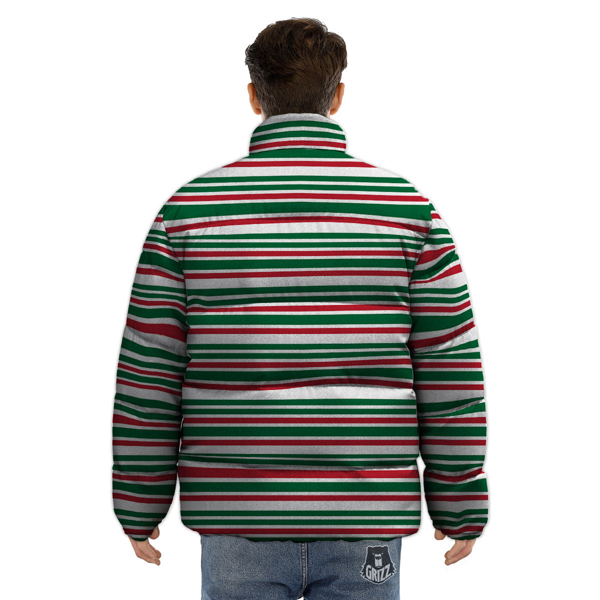 Stripe Candy Cane Print Pattern Puffer Jacket-grizzshop