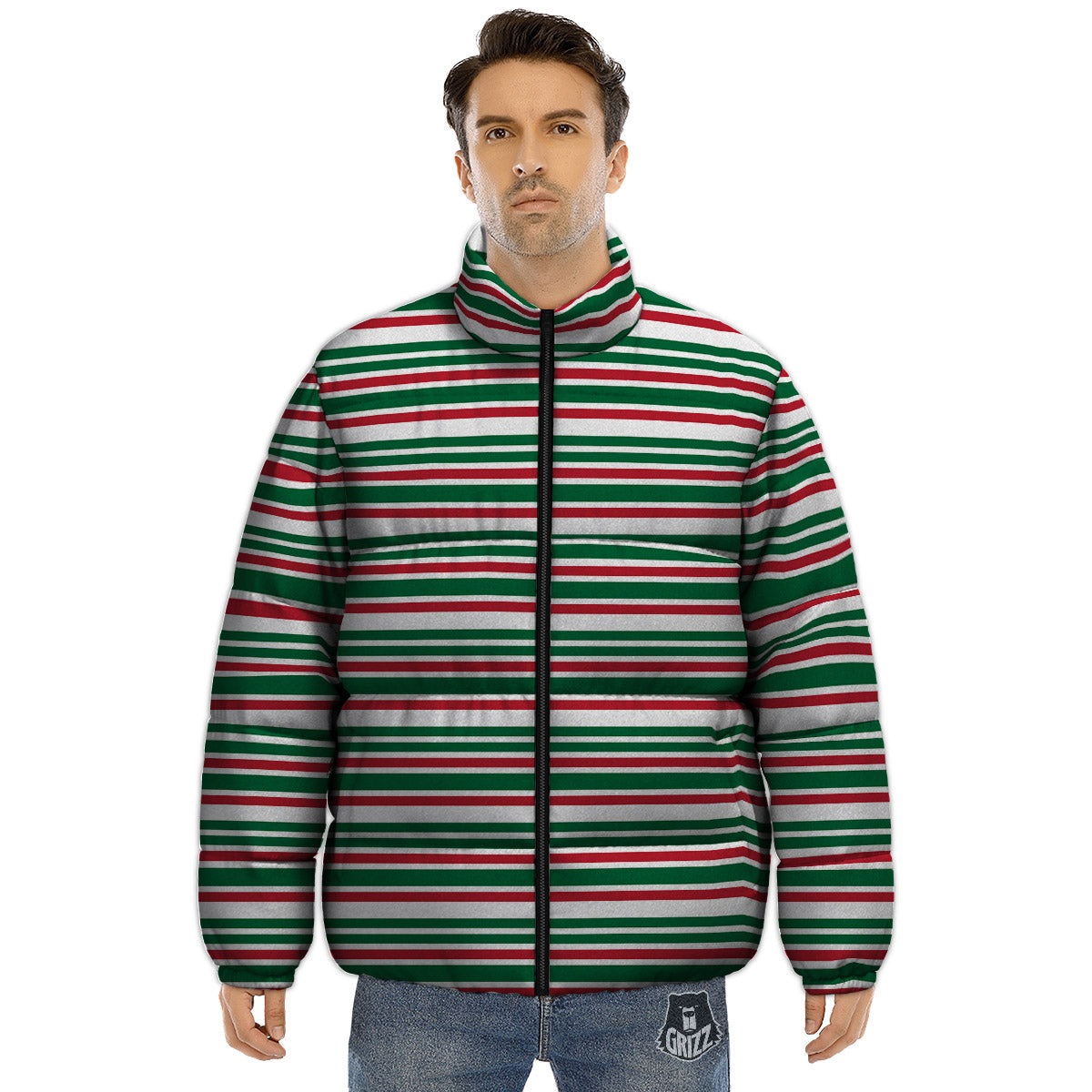 Stripe Candy Cane Print Pattern Puffer Jacket-grizzshop