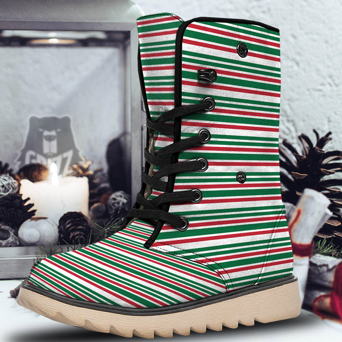 Stripe Candy Cane Print Pattern Snow Boots-grizzshop