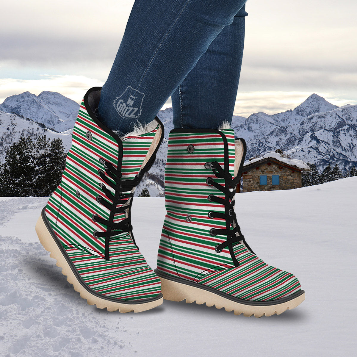 Stripe Candy Cane Print Pattern Snow Boots-grizzshop