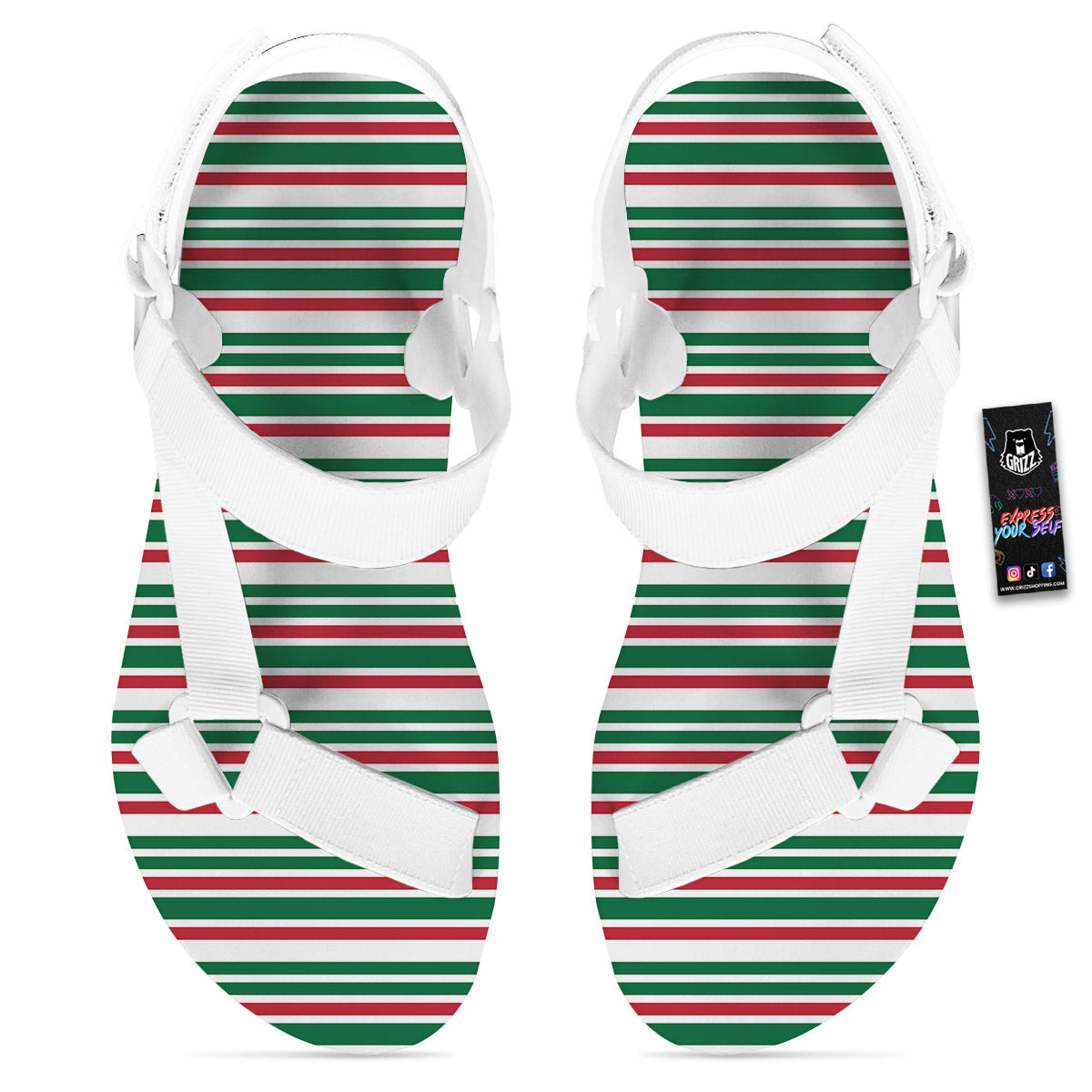 Stripe Candy Cane Print Pattern White Open Toe Sandals-grizzshop
